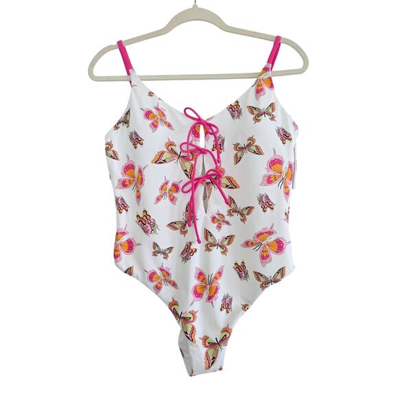 Victoria's Secret White & Pink Butterfly Print One Piece Swimsuit w Bows Large - Picture 2 of 9